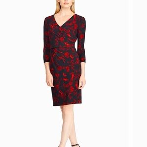 Lauren Ralph Lauren 3/4 Sleeve Jersey Stretch Floral Print Dress Red Black 12